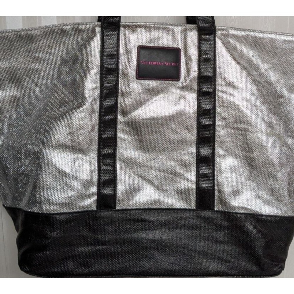 Victoria's Secret Weekender Large Tote Bag Silver 24X14 in Travel Gym Pool Beach - Picture 8 of 10